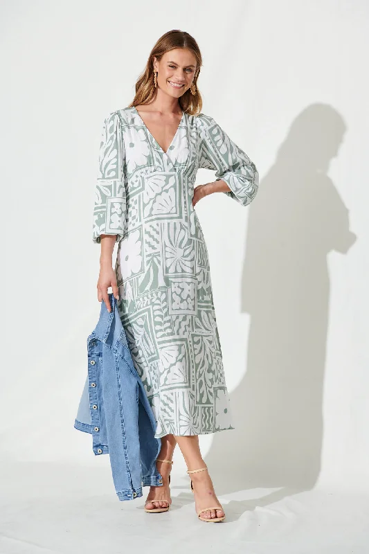 Maxi dresses with polka dot prints for a playful styleMeadow Maxi Dress In White With Sage Abstract Linen Blend