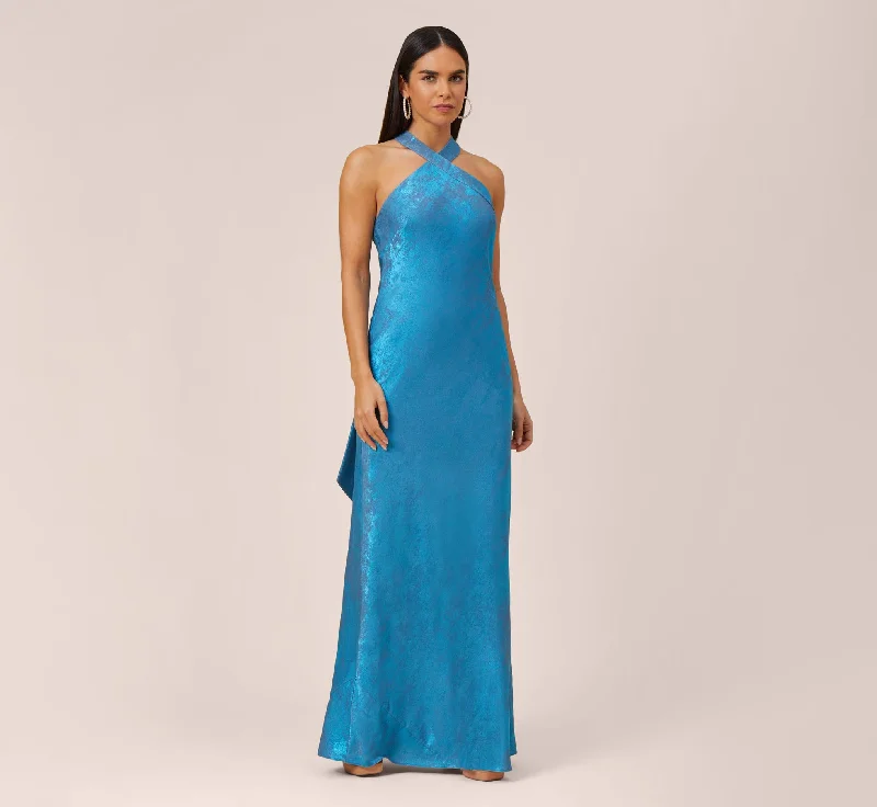 Maxi dresses with balloon sleeves for a vintage - inspired styleMetallic Chiffon Halter Gown In Ocean Dream