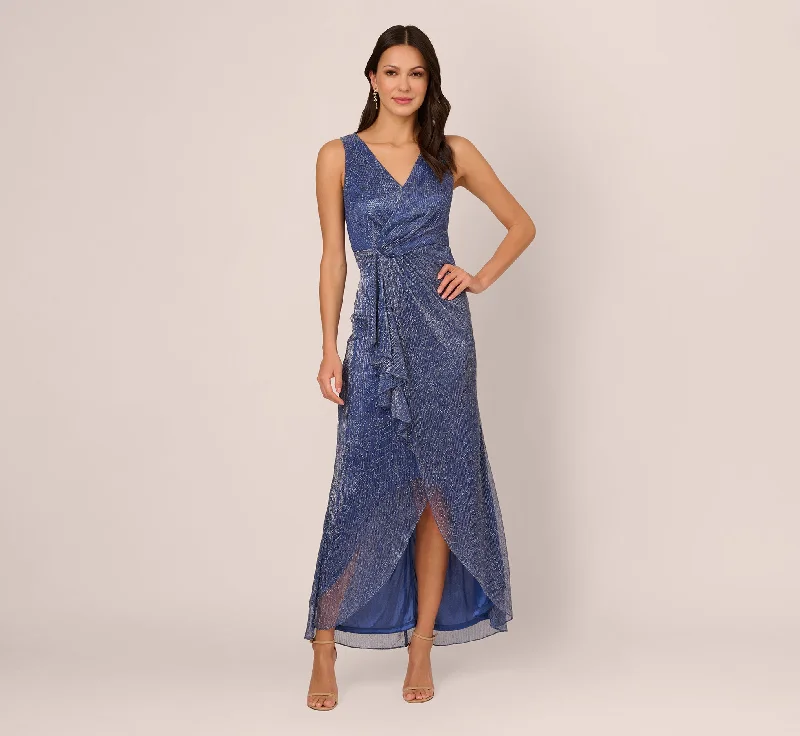 Leather maxi dresses for an edgy and bold appearanceMetallic Mesh Faux Wrap Gown With Ruffle Accents In Light Navy