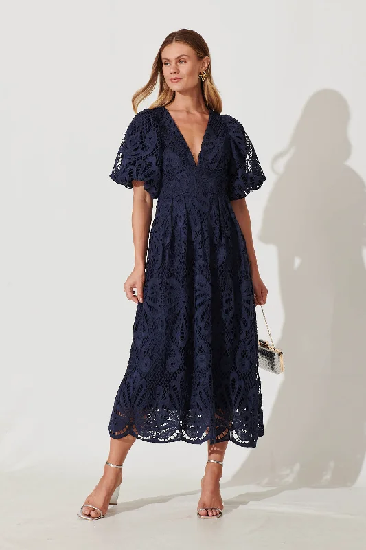 Linen maxi dresses for a breathable and lightweight summer optionMillie Lace Maxi Dress In Navy