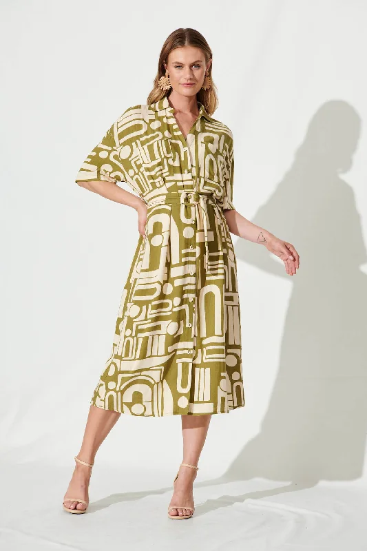 Maxi dresses with a halter neck for a stylish and sophisticated choiceMiriam Maxi Shirt Dress In Cream And Olive Abstract Linen Blend