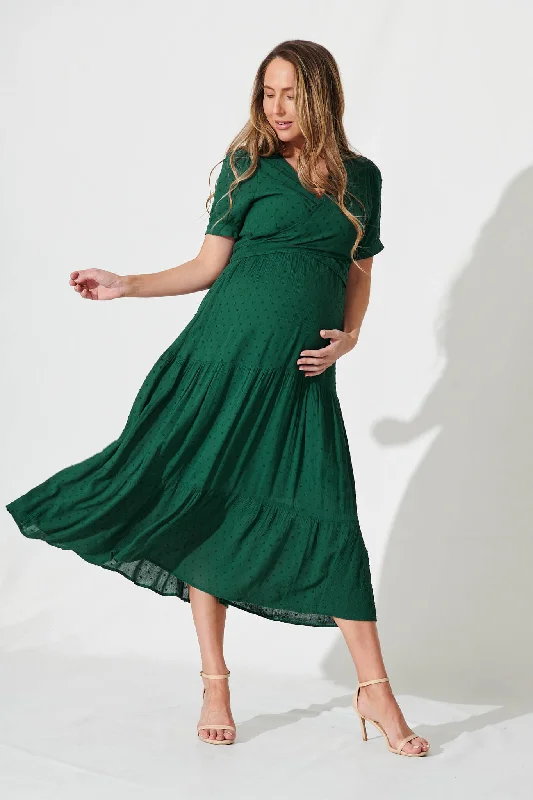 Floral print maxi dresses for summer garden partiesMorrison Maxi Dress In Emerald Swiss Dot