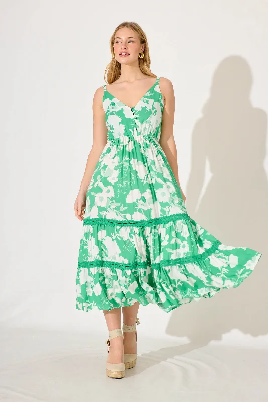 Satin maxi dresses with a high - low hem for a modern twistNova Maxi Dress In Green With White Floral