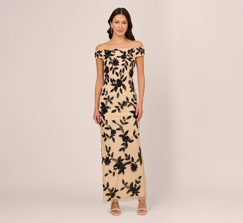 Cotton maxi dresses for a comfortable and everyday - wear optionOff The Shoulder Column Gown With Leaf Beading In Black Nude