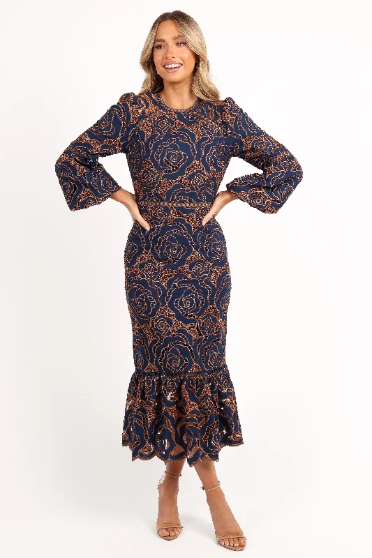 Maxi dresses with a criss - cross back for a flirty and unique detailPierre Long Sleeve Lace Maxi Dress - Navy