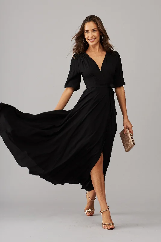 Maxi dresses with thin spaghetti straps for a delicate and feminine feelRonda Maxi Wrap Dress In Black