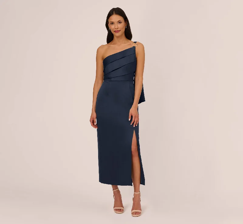 Maxi dresses with geometric prints for a contemporary aestheticSatin Crepe One Shoulder Gown With Metal Ring Accent In Dark Navy