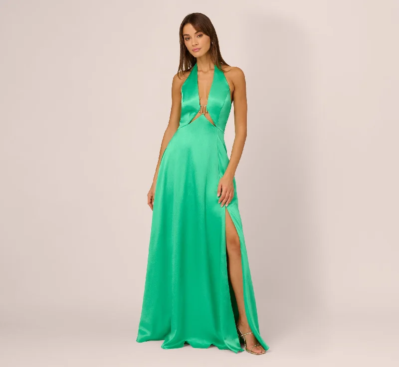 Maxi dresses with thin spaghetti straps for a delicate and feminine feelSatin Halter Gown With Cutout Bodice And Metal Accent In Flora