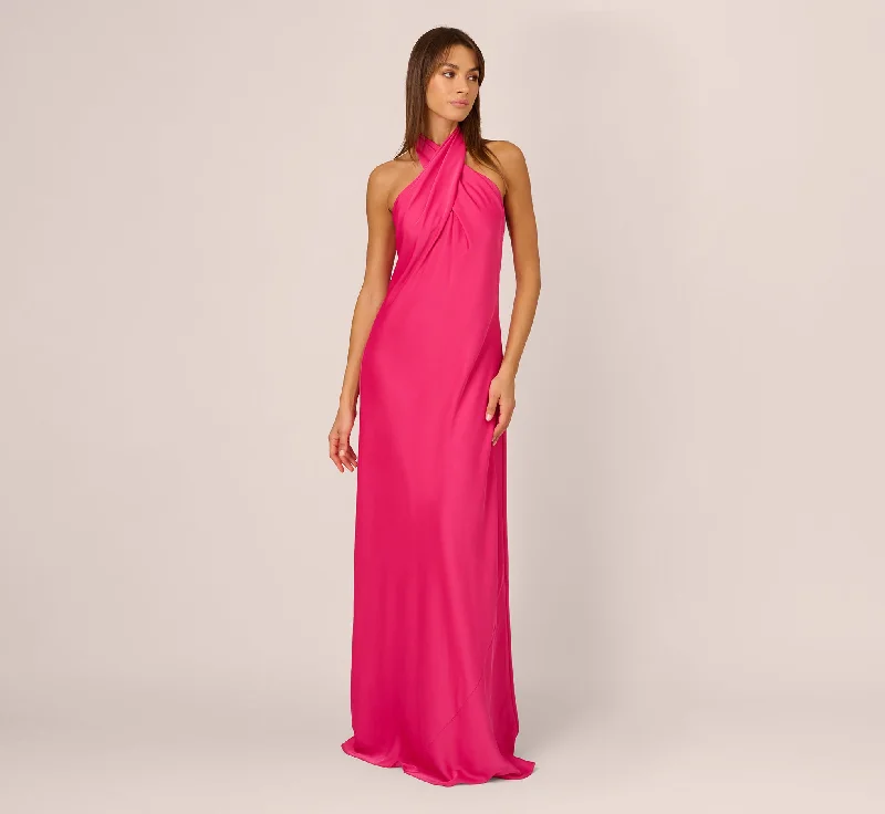 Maxi dresses with one - shoulder designs for a stylish and asymmetric lookStretch Satin Mermaid Gown With Halter Neckline In Hot Pink