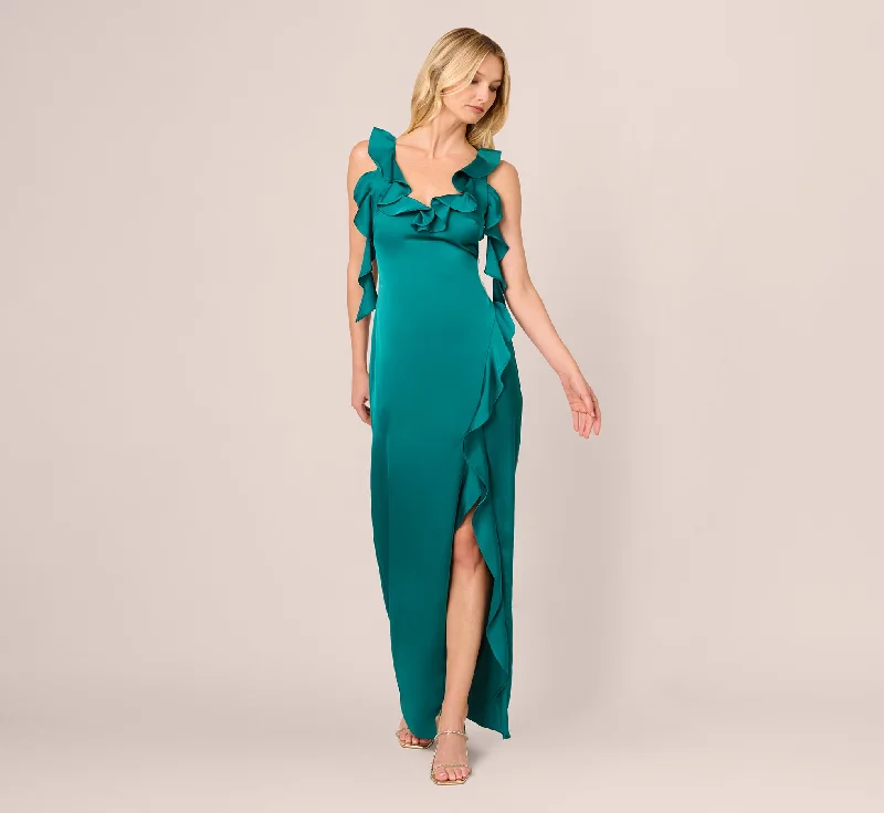 Maxi dresses with balloon sleeves for a vintage - inspired styleStretch Satin Ruffle Long Dress In Deep Emerald