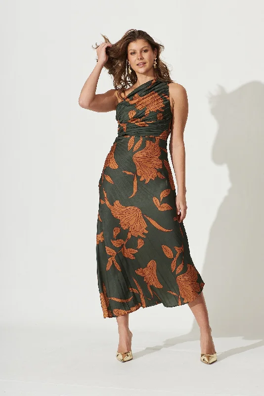 Maxi dresses with bow accents at the waist for a sweet appearanceToulon One Shoulder Maxi Dress In Khaki With Rust Leaf Print Pleated Satin