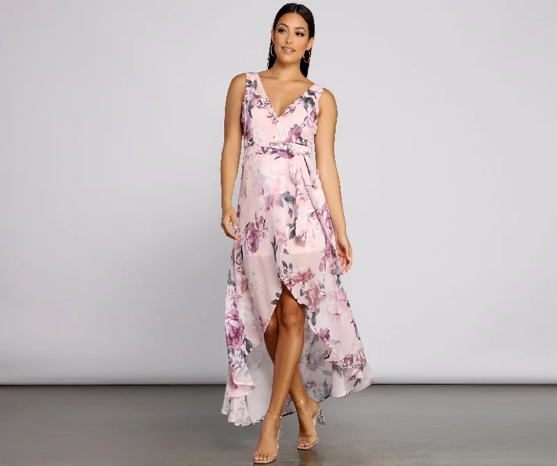 Denim maxi dresses with frayed hems for a casual lookWrapped In Romance Floral Chiffon Maxi Dress