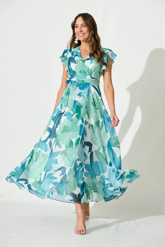 Cotton maxi dresses for a comfortable and everyday - wear optionWynter Maxi Dress In Green And Blue Floral Chiffon