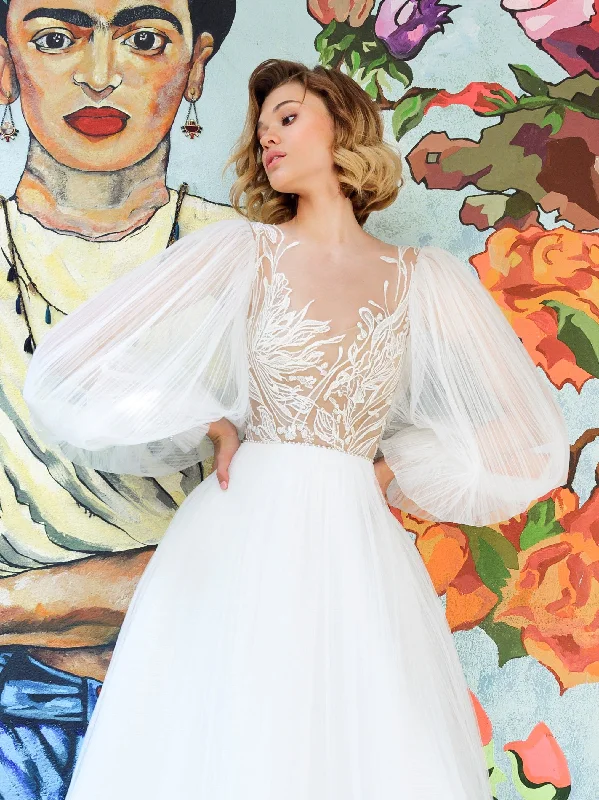 Sequined wedding guest dresses for an evening weddingA-Line Puff Sleeeve Wedding Dress