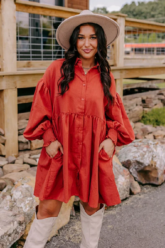 Mini dresses with pleated skirts for a classic lookCafe Patio Button Down Mini Dress in Dark Rust