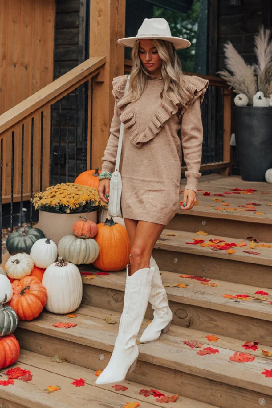 Sheer mini dresses with lace insertsCoziest Place Sweater Dress In Mocha