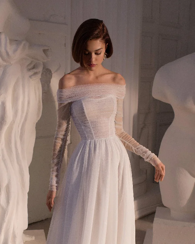 Ribbed - texture wedding guest dresses in neutral colorsElegant Off-Shoulder A-Line Wedding Dress