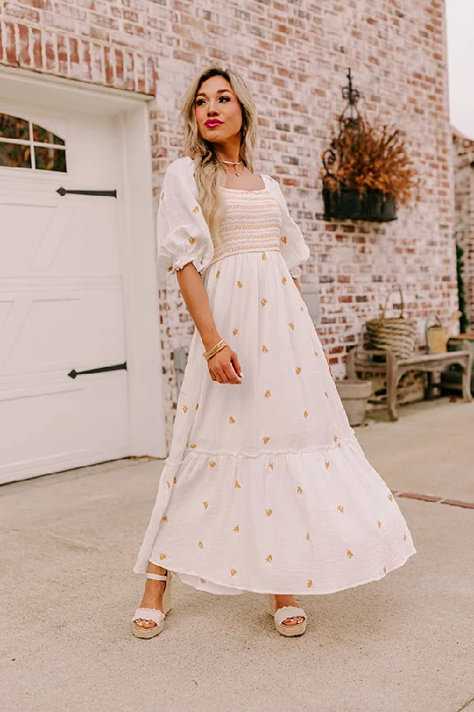 Mini dresses with tiered skirts for added volumeFarmers Market Stroll Smocked Maxi in White