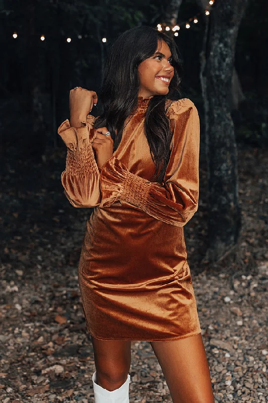 Mini dresses with high - low hems for a modern twistFashionably Late Velvet Mini Dress In Camel