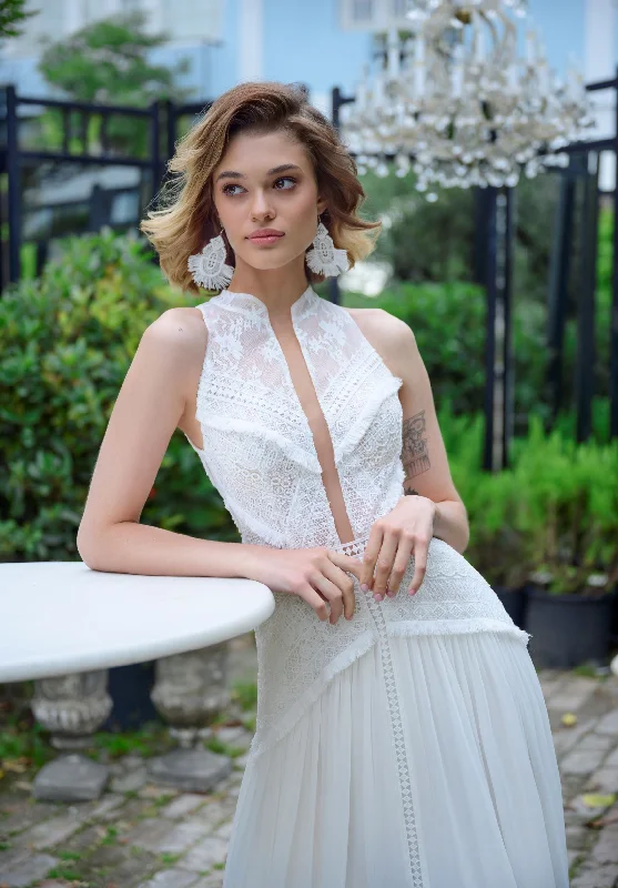 Polka - dot - printed wedding guest dresses with short sleevesHigh Neck Boho Wedding Dress