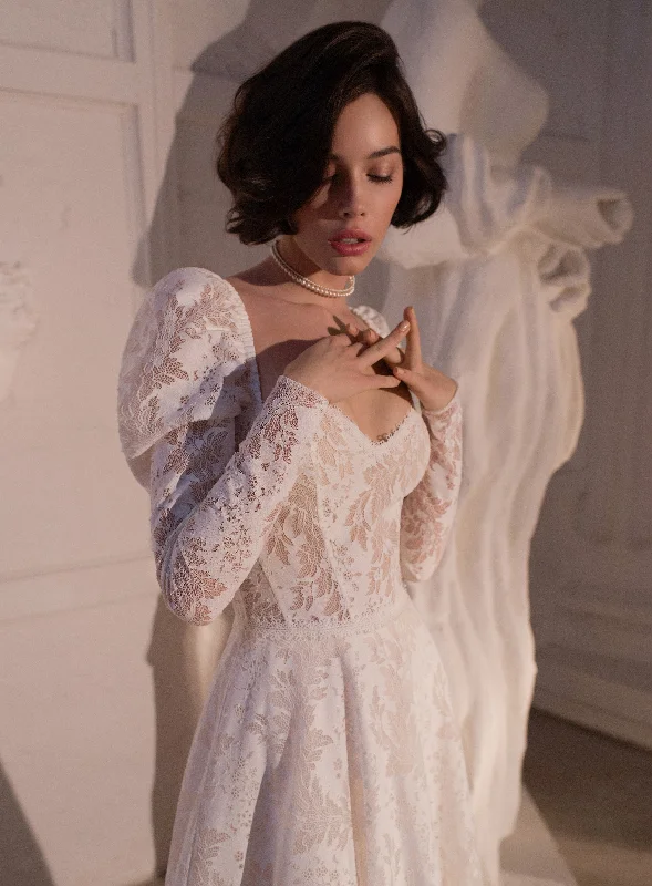 Wedding guest dresses with puff sleeves and knee - length hemsLong Sleeve Lace A-Line Wedding Dress