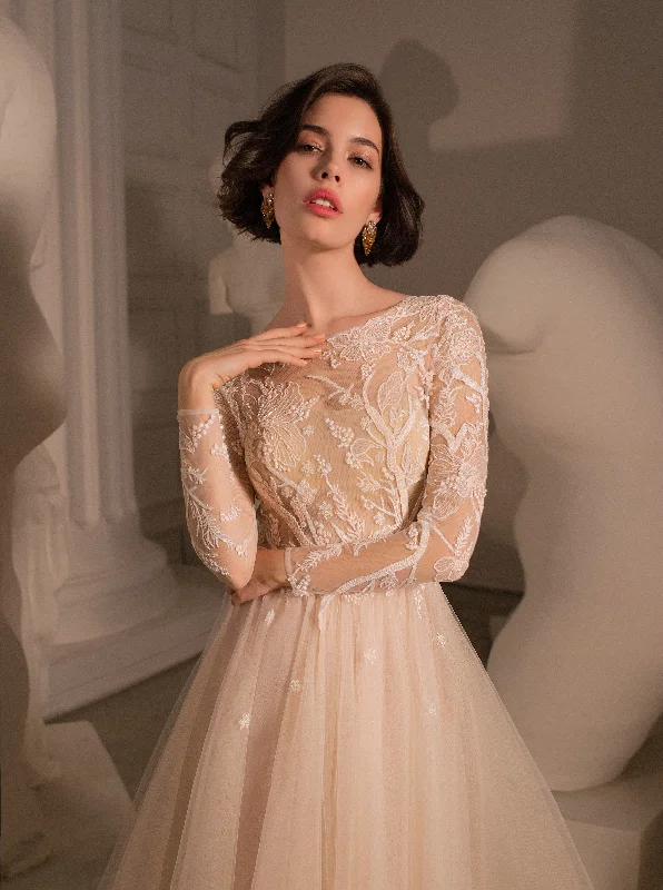 Strapless wedding guest dresses with rhinestone - studded bodicesLong Sleeves A-Line Lace Wedding Gown