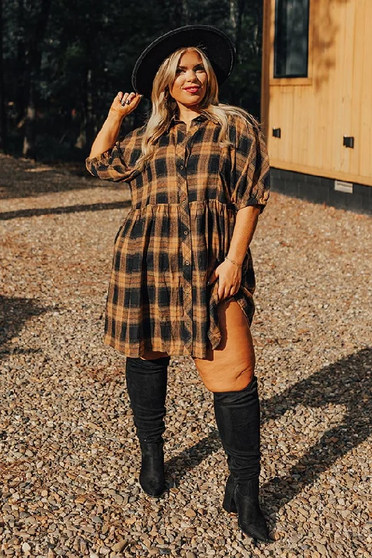 Mini dresses with side slits for a sexy appealNever Pretend Plaid Dress In Camel Curves