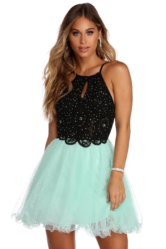 Mini dresses with keyhole necklinesNorah Formal Rhinestone Tulle Dress