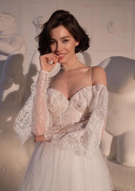 Wedding guest dresses with pom - pom trims for a playful lookOff-shoulder A-Line  Wedding Dress