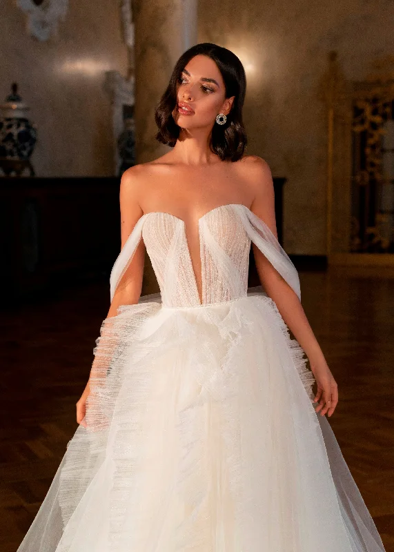 One - shoulder wedding guest dresses with beaded detailsOff-the-shoulder Tulle Princess Bridal Ball Gown