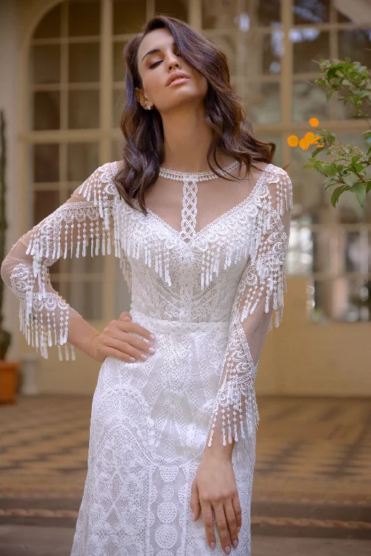 Wedding guest dresses with high - low hems and floral appliquesPlayful Beautiful Long Sleeve Lace Wedding Dress