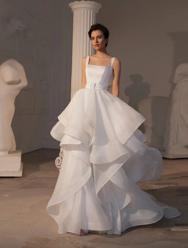 Wedding guest dresses with ruched bodices and spaghetti strapsPlayful Multi-Layered Skirt Wedding Gown