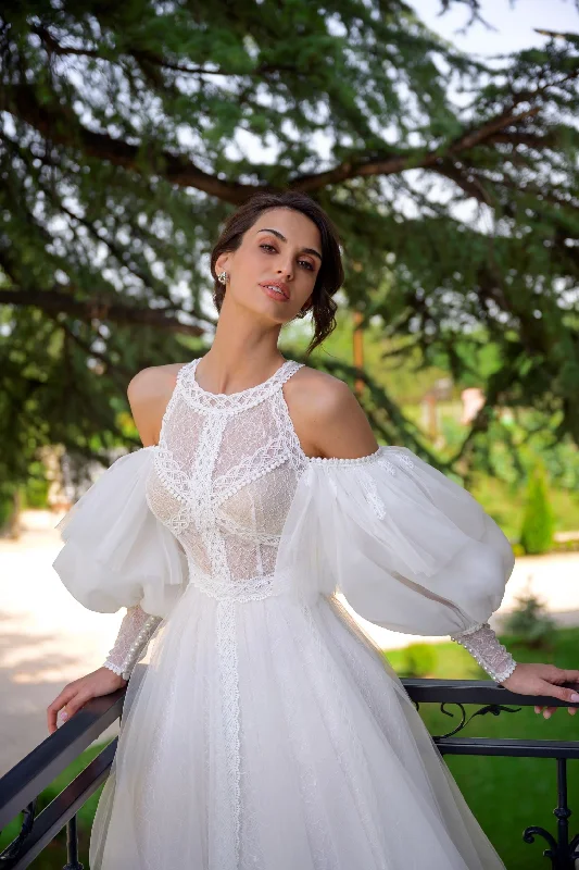 Strapless wedding guest dresses with rhinestone - studded bodicesPuffy Sleeve Bridal Dress