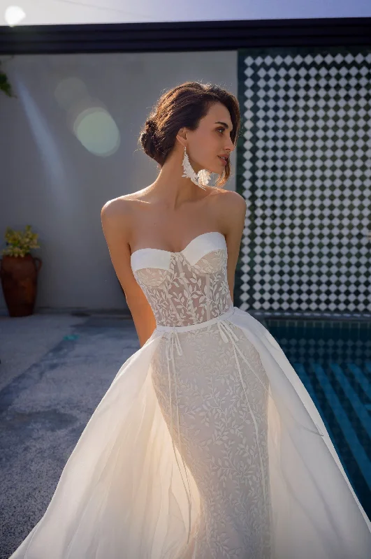 Wedding guest dresses with ruched bodices and spaghetti strapsSexy Strapless Overskirt Wedding Gown