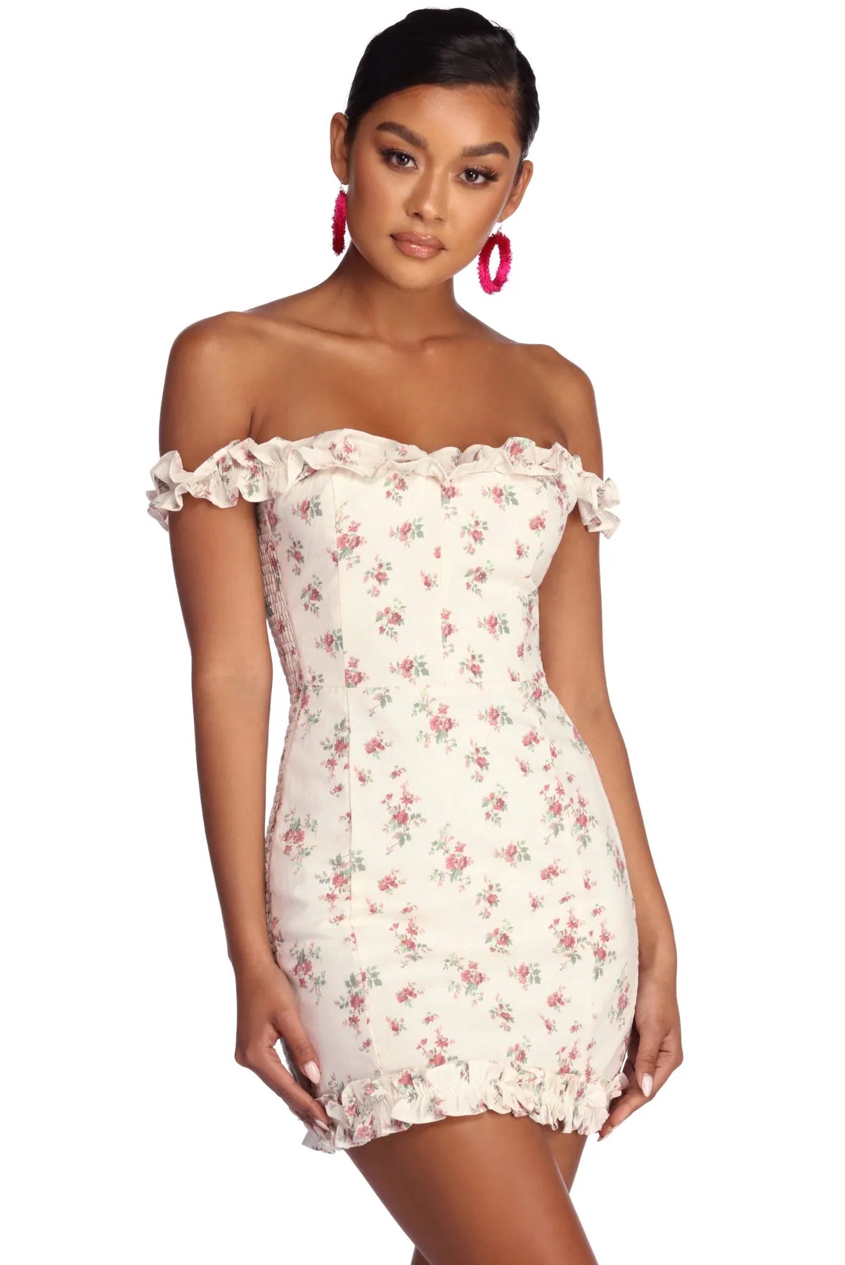 Mini dresses with one - shoulder designsSmocked In Spring Florals Dress