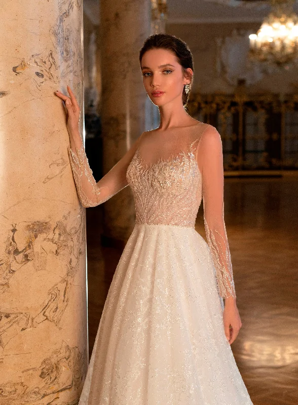 Wedding guest dresses with gathered skirts and V - necklinesSparkly Lace Long Sleeve Wedding Dress