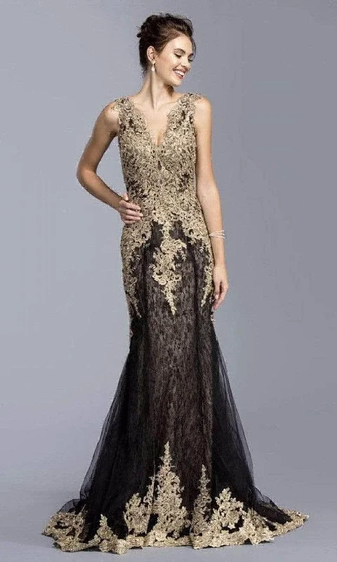 Prom dresses with lace - trimmed sleeves and empire - style waists for a flattering and vintage - inspired formal affairAspeed Design - L2009 Applique V-Neck Evening Dress