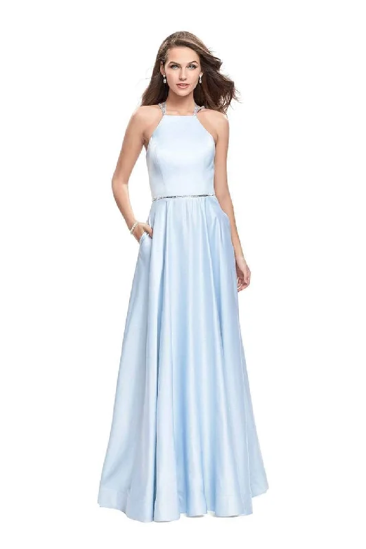 Formal dresses with off - the - shoulder sleeves and rhinestone accents for a sophisticated promLa Femme - 26269 Sleeveless Halter Prom Gown