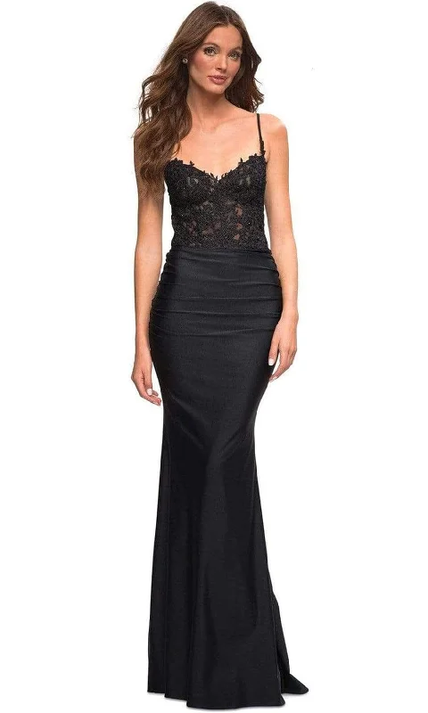 Prom dresses with lace - up side panels and ruffled bodices for a feminine and detailed lookLa Femme - 30521 Lace Bodice Jersey Gown