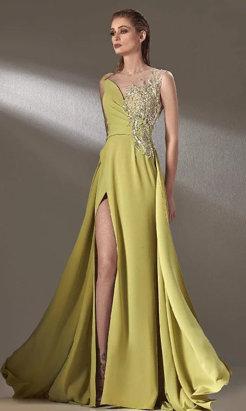 Formal dresses with halter necks and lace - up backs for a stylish promMNM Couture - K3903 Sleeveless Illusion Bateau Evening Dress