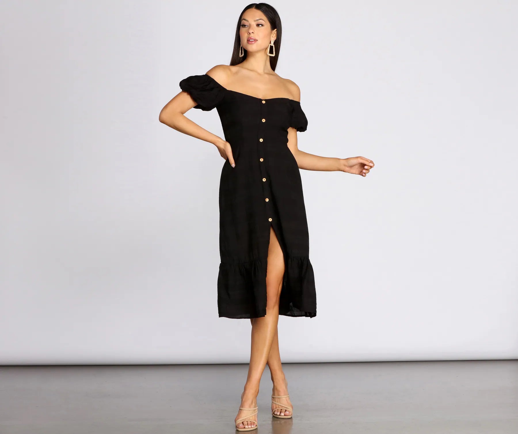 Long - Sleeve Women Dress in Velvet for a Luxurious Winter LookOff The Shoulder Button Front Midi Dress