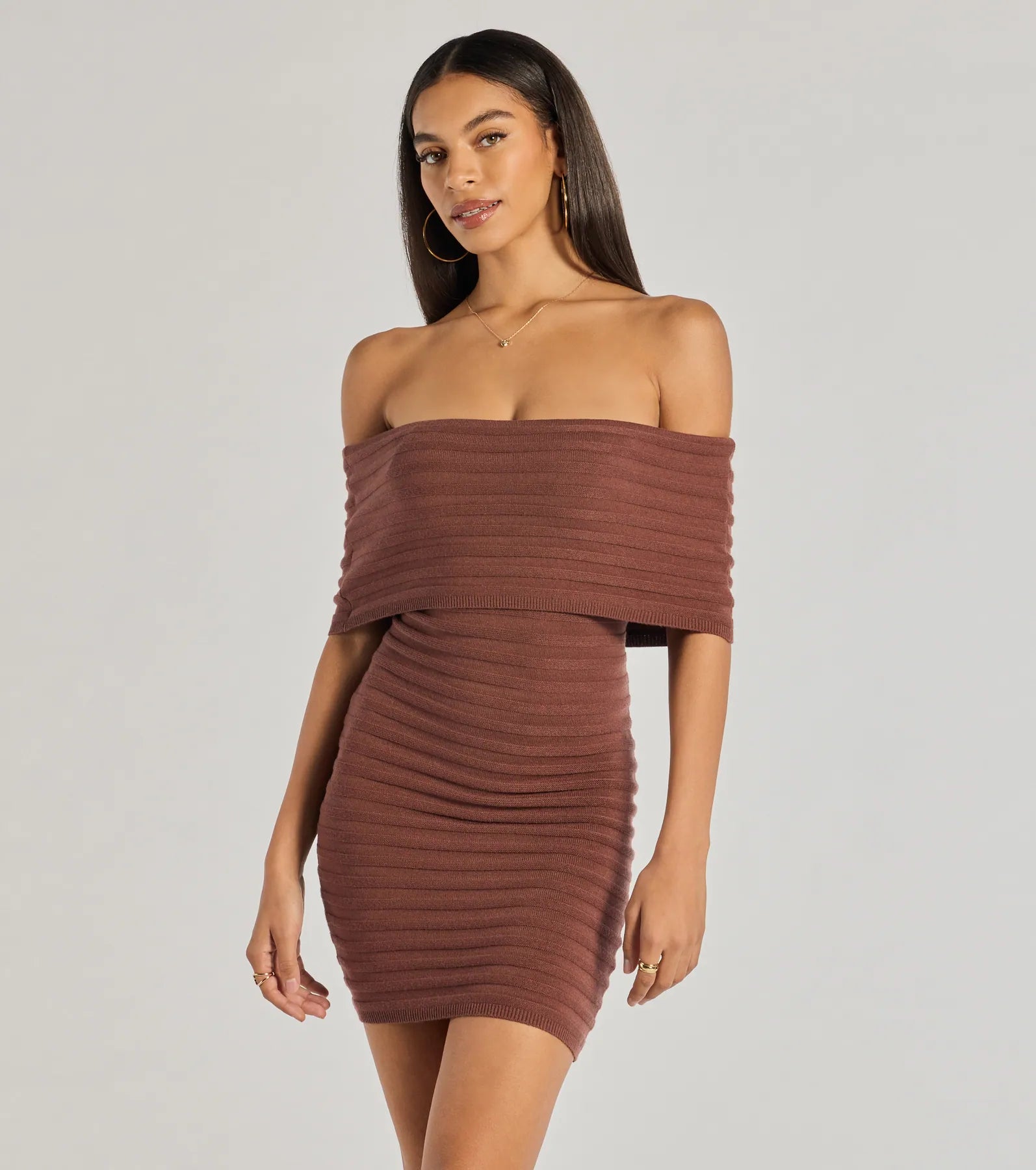 Mini Women Dress with a Short Hem for a Young and Trendy StyleSoft And Chic Ribbed Knit Off-The-Shoulder Mini Dress