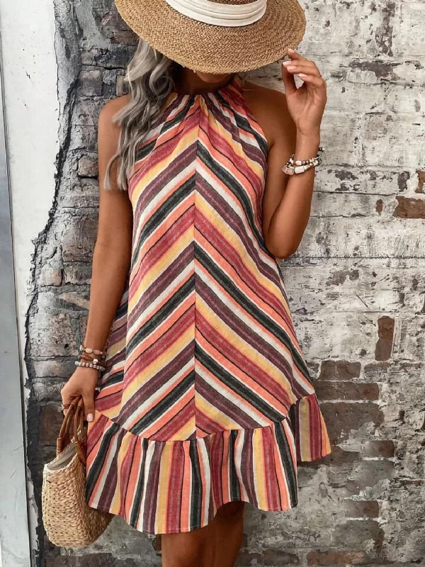 Sleeveless Women Dress in Bright Colors for Summer PartiesGrecian Striped Dress - Chic Neckline