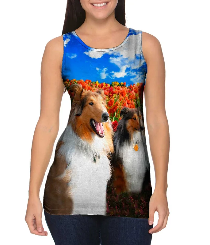 Women's Longline Tank Tops with Abstract PrintsShelties Among Tulips