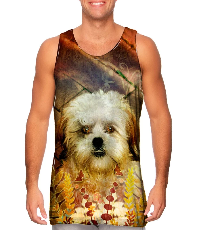 Plus Size Women's Embroidered Tank Tops in Boho StylesShih Tzu Floral Puppy