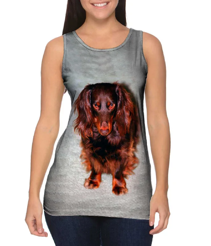 V - Neck Women's Moisture - Wicking Tank Tops for RunningShy Brown Dachshund