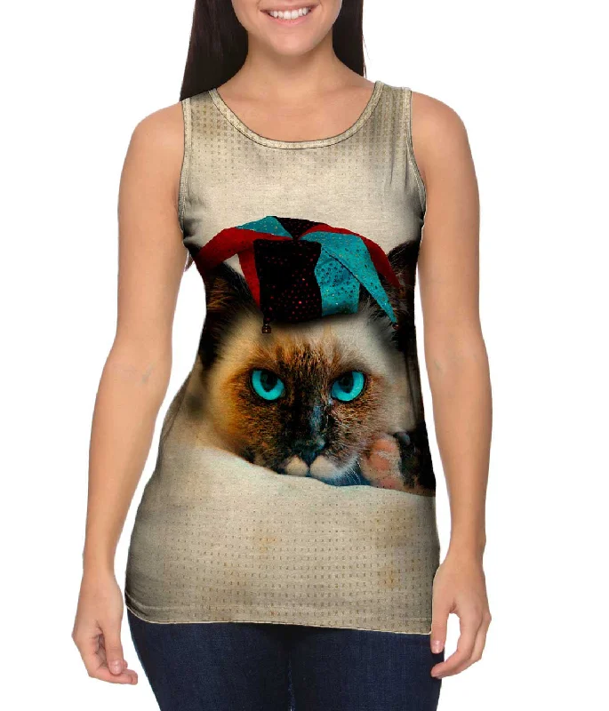 Women's Button - Down Tank Tops in Striped PatternsSiamese Party Cat