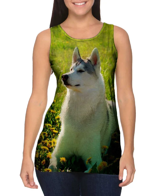 Women's Longline Tank Tops with Abstract PrintsSiberian Husky Fields