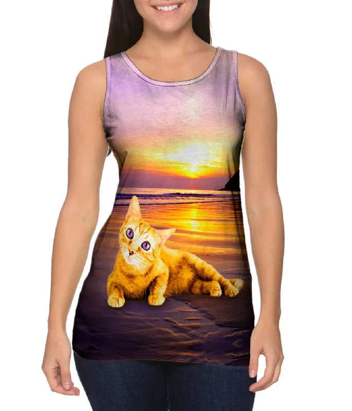 Plus Size Women's Embroidered Tank Tops in Boho StylesSmooth Sunset Kitty Cat