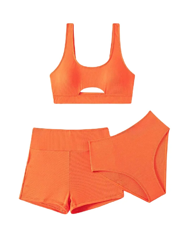 Plus - size bikini with full - coverage options for comfort and confidence3 Pack Basic Orange Ribbed Bikini & Shorts Set